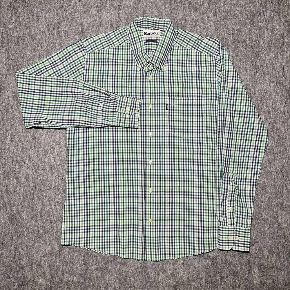 Barbour Plaid Button Down Shirt Men US Medium Tailored Fit Green Navy Check